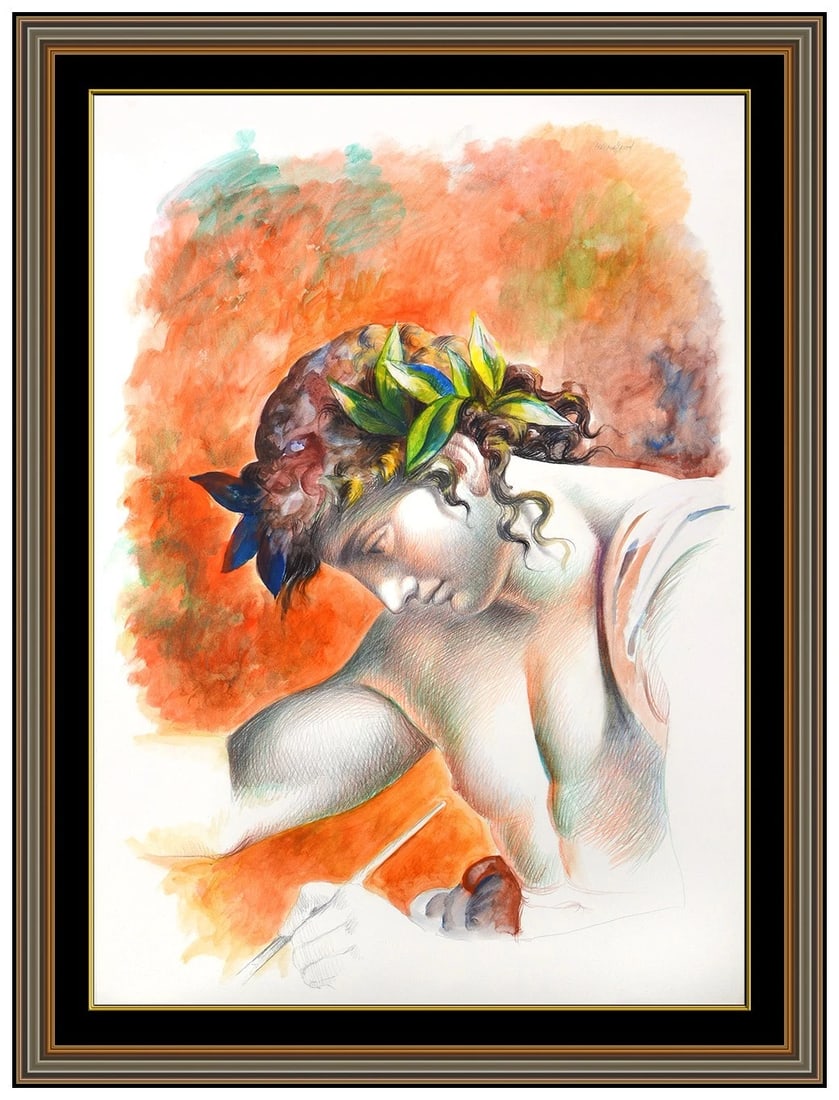 Carlo Mariani Original Pastel Watercolor Painting Signed Figurative Framed Art (1 of 5)