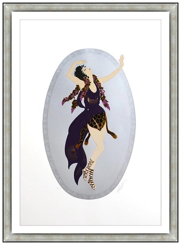 Erte Large Embossed Color Serigraph Bacchante Hand Signed Costume Dress Design Art: This lot includes:Gallery COA. In-house shipping available (insurance and international shipping for an additional charge).Artist: ErteTitle: BacchanteMedium: SerigraphSize: 40 ½” x 28 &f