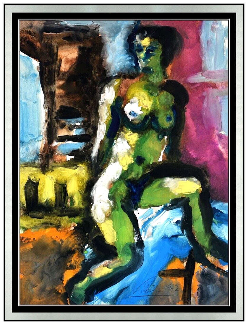 Karl Stark Original Gouache Painting Signed Female Figurative Framed Modern Art: This lot includes:Gallery COA. In-house shipping available (insurance and international shipping for an additional charge).Artist: Karl StarkTitle: Abstract Green Nude Medium: Gouache PaintingSize: 25