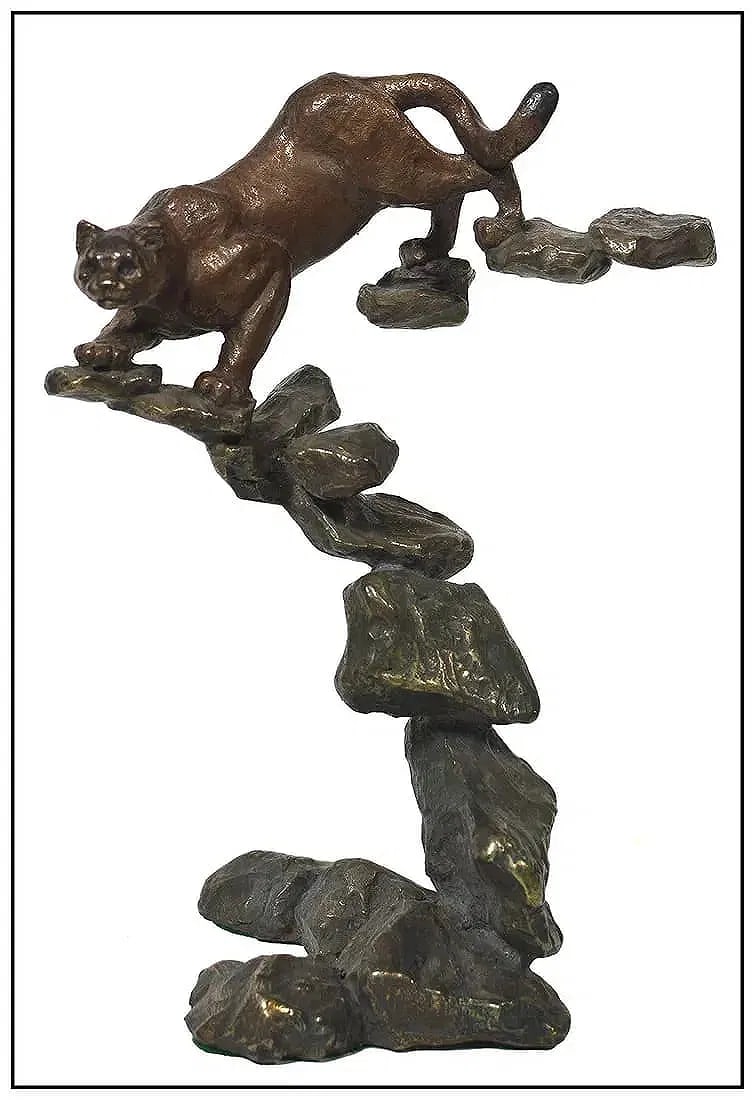 Mark Hopkins Original Cougar Big Cat Full Round Sculpture Signed Nature Art: This lot includes:Gallery COA. In-house shipping available (insurance and international shipping for an additional charge).Artist: Mark HopkinsTitle: CougarMedium: BronzeSize: 8 1/2" X 6 1/2"Signed: I