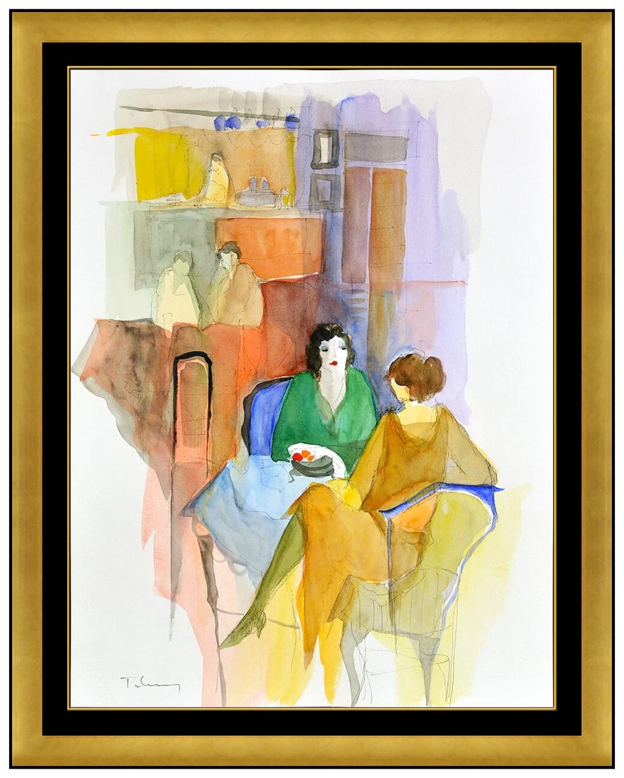 Itzchak Tarkay Original Watercolor Painting Signed Cafe Lady Portrait Framed Art (1 of 4)