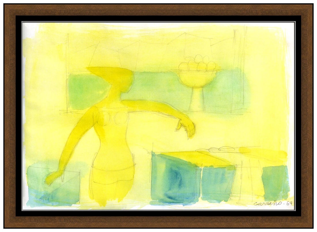 Mario Carreno Original Watercolor Painting Signed Modern Figurative Framed Art (1 of 4)