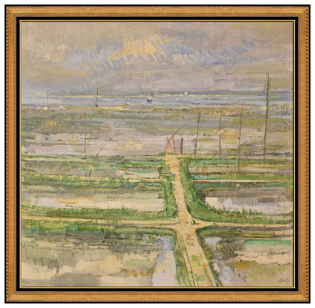 Sir Roger De Grey Original Oil Painting On Canvas Signed Large French Landscape: This lot includes:Gallery COA. In-house shipping available (insurance and international shipping for an additional charge).Artist: Sir Roger De Grey Title: Oyster Beds MarennesMedium: Oil Painting On