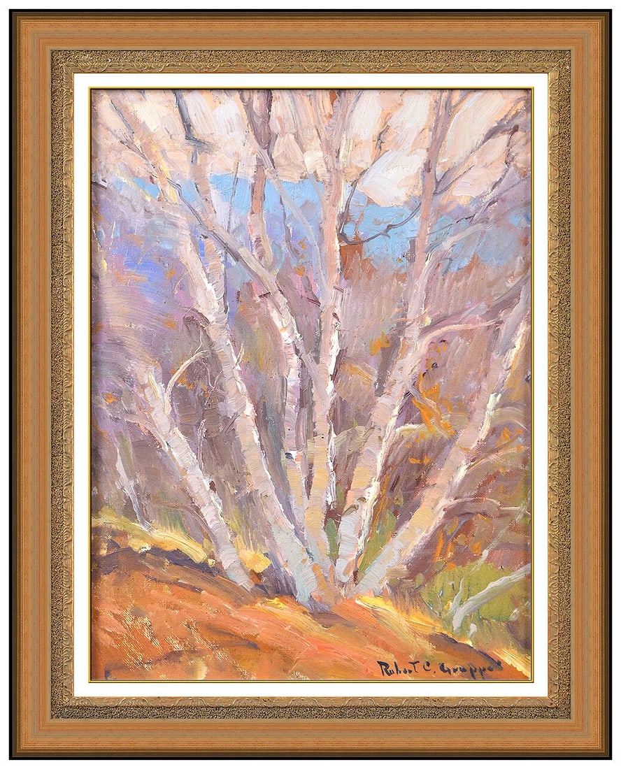 Robert C Gruppe Original Oil Painting On Canvas Signed Vermont Birch Landscape Art: This lot includes:Gallery COA. In-house shipping available (insurance and international shipping for an additional charge).Artist: Robert C Gruppe Title: Vermont BirchesMedium: Oil Painting on CanvasS