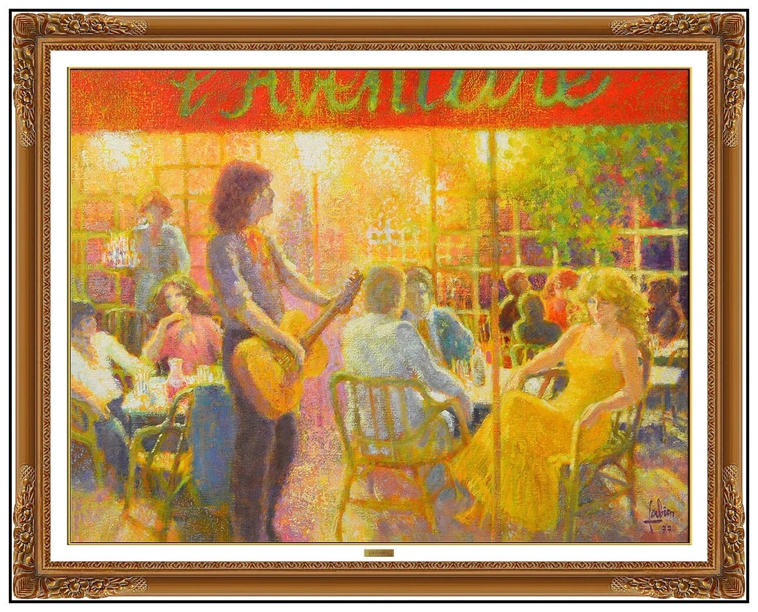 Louis Fabien Original Painting On Canvas Signed Cafe Figurative Framed Artwork (1 of 5)