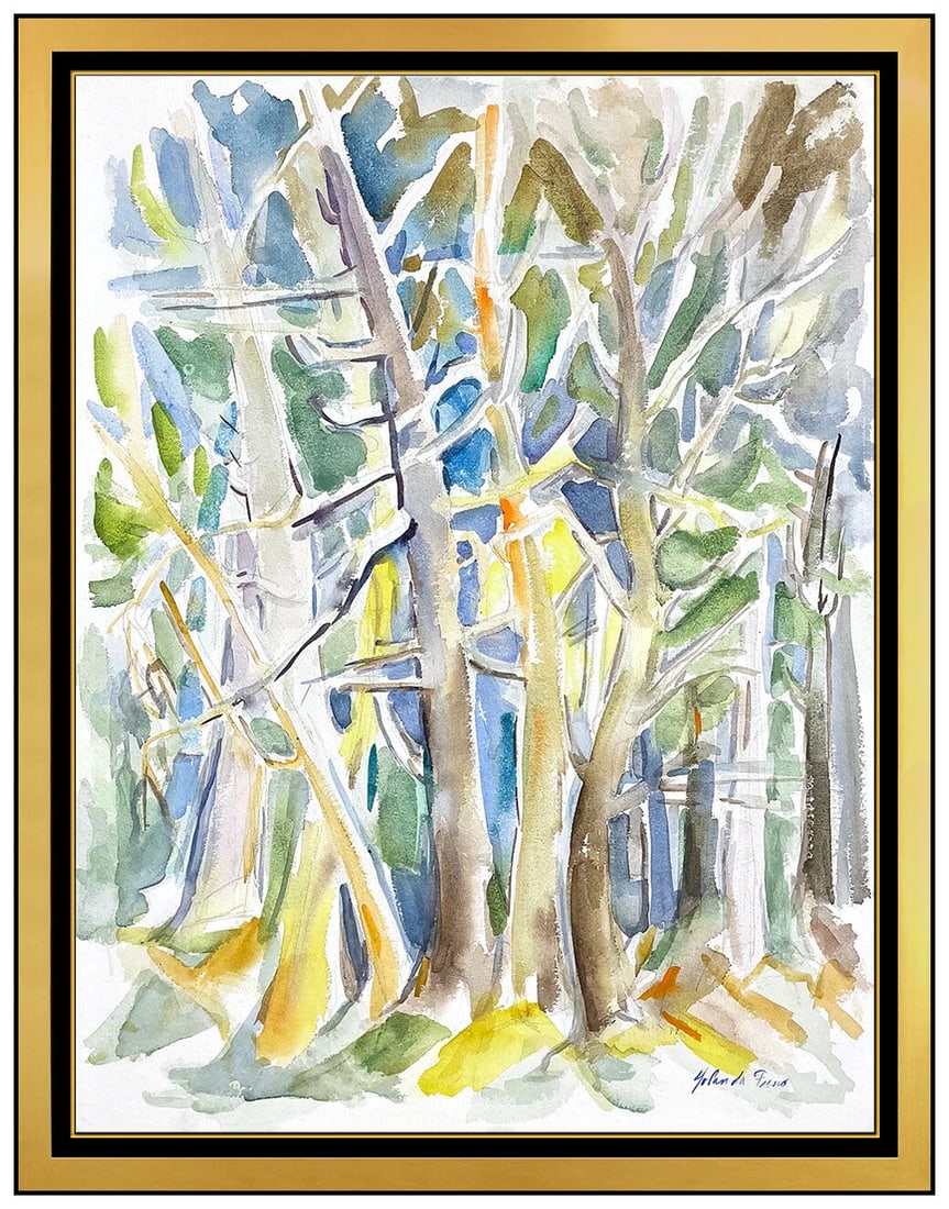 Yolanda Fusco Original Landscape Watercolor Painting Signed Trees Forest Framed (1 of 4)