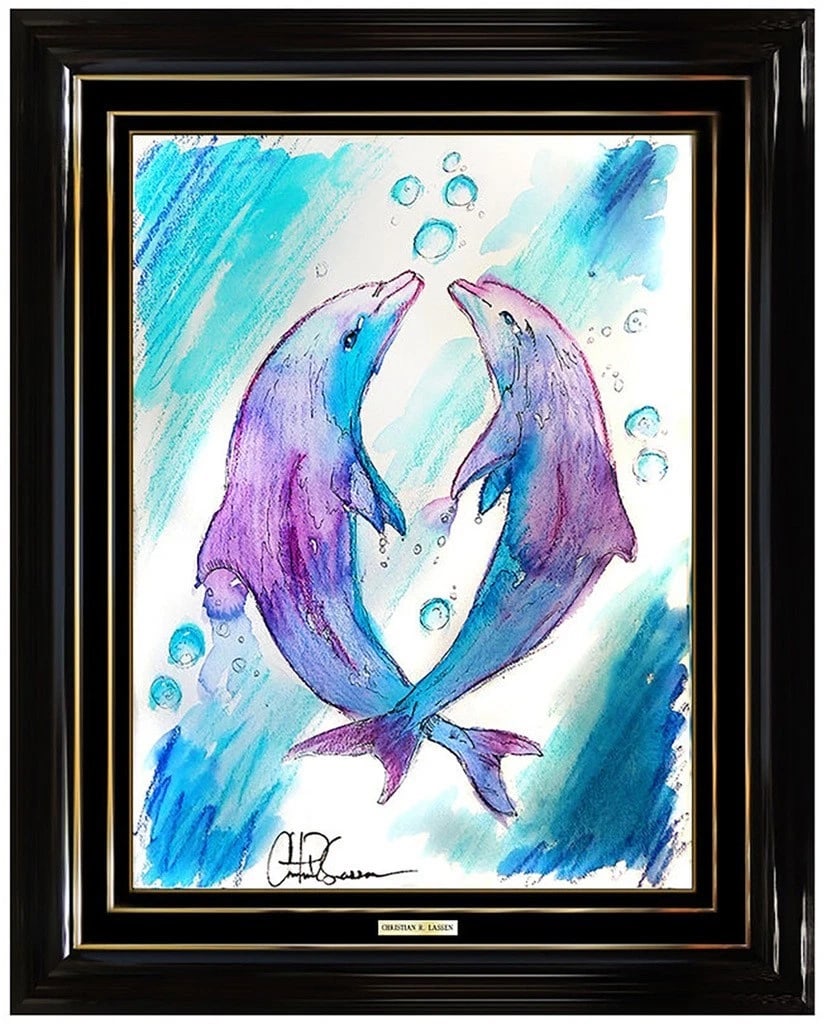 Christian Riese Lassen Original Dolphin Painting Signed Modern Sea Life Artwork: This lot includes:Gallery COA. In-house shipping available (insurance and international shipping for an additional charge).Artist: Christian Riese Lassen Title: Playful DolphinsMedium: WatercolorSize: