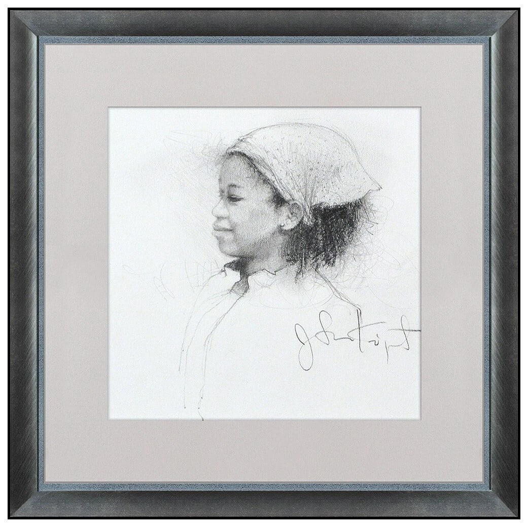 Jonathan Knight Original Graphite Drawing Signed Female Portrait Framed Artwork: This lot includes:Gallery COA. In-house shipping available (insurance and international shipping for an additional charge).Artist: Jonathan Knight Title: Girl in ScarfMedium: Graphite DrawingSize: 5 &