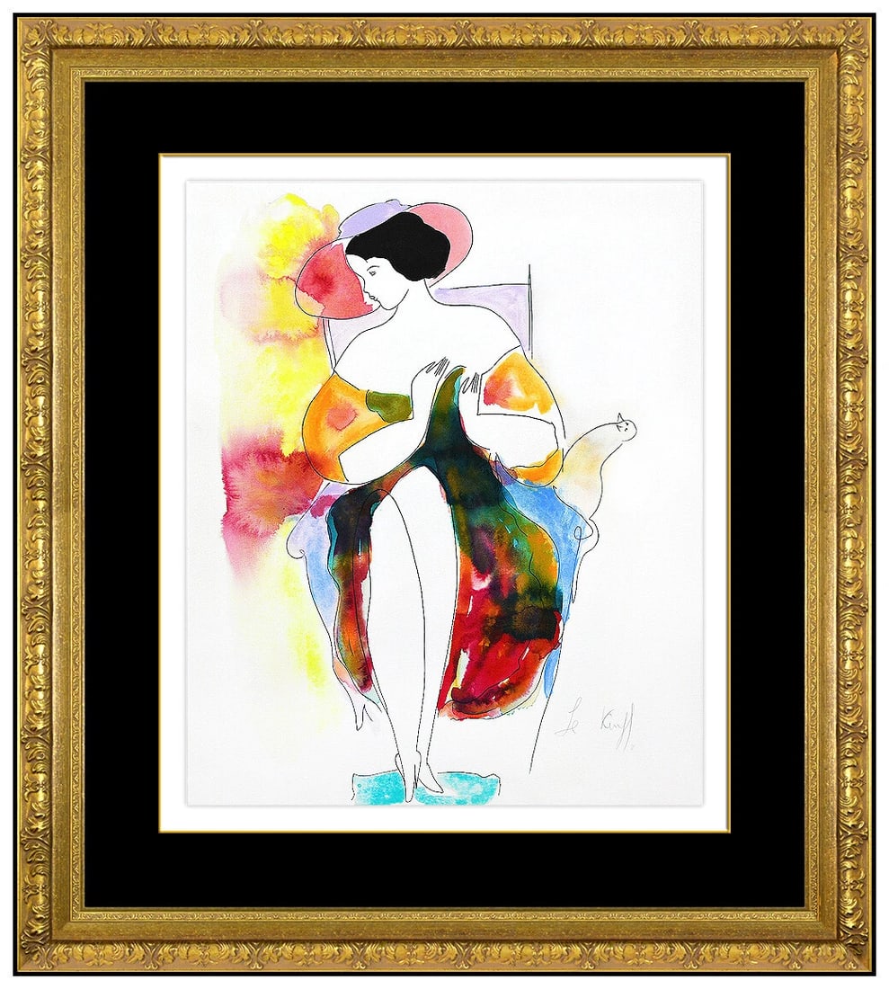 Linda Le Kinff Original Watercolor Painting Female Portrait Cat Signed Framed Art (1 of 4)