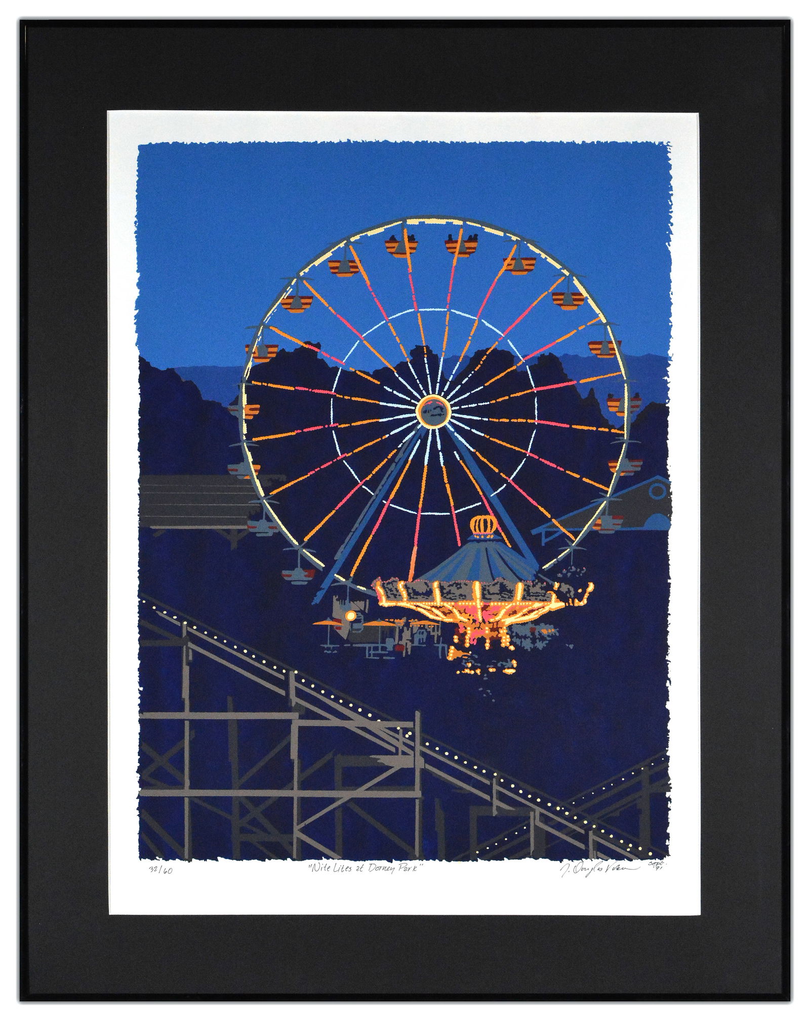 J Douglas Vokes Nite Lites at Dorney Park Color Serigraph Signed Framed Pop Art: This lot includes a Gallery COA Artist: J. Douglas VokesTitle: Nite Lites at Dorney ParkMedium: Color Serigraph Size: Matted to 28" x 20.5"Framed: 34.25" x 27"Signed: Signed in Lower RightYear: Septem