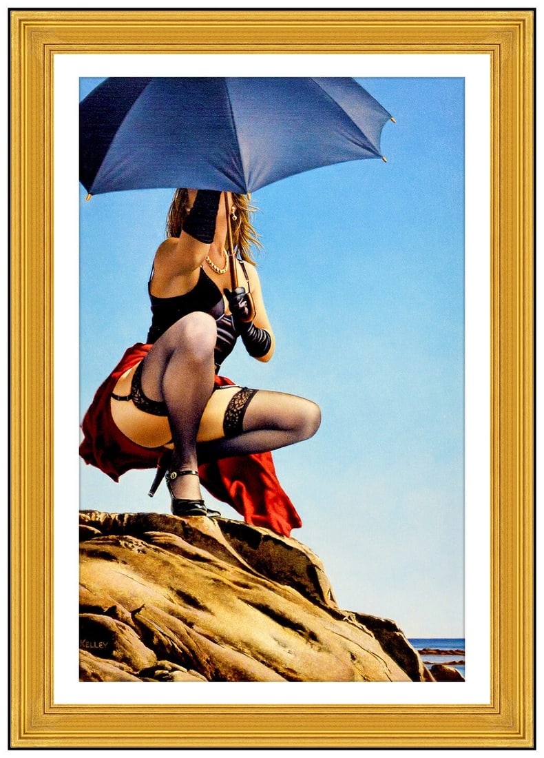 Paul Kelley Original Oil Painting On Board Female Figurative Signed Framed Art: This lot includes:Gallery COA. In-house shipping available (insurance and international shipping for an additional charge).Artist: Paul KelleyTitle: On Green Bay Rock Medium: Oil On BoardSize: 16" x 1