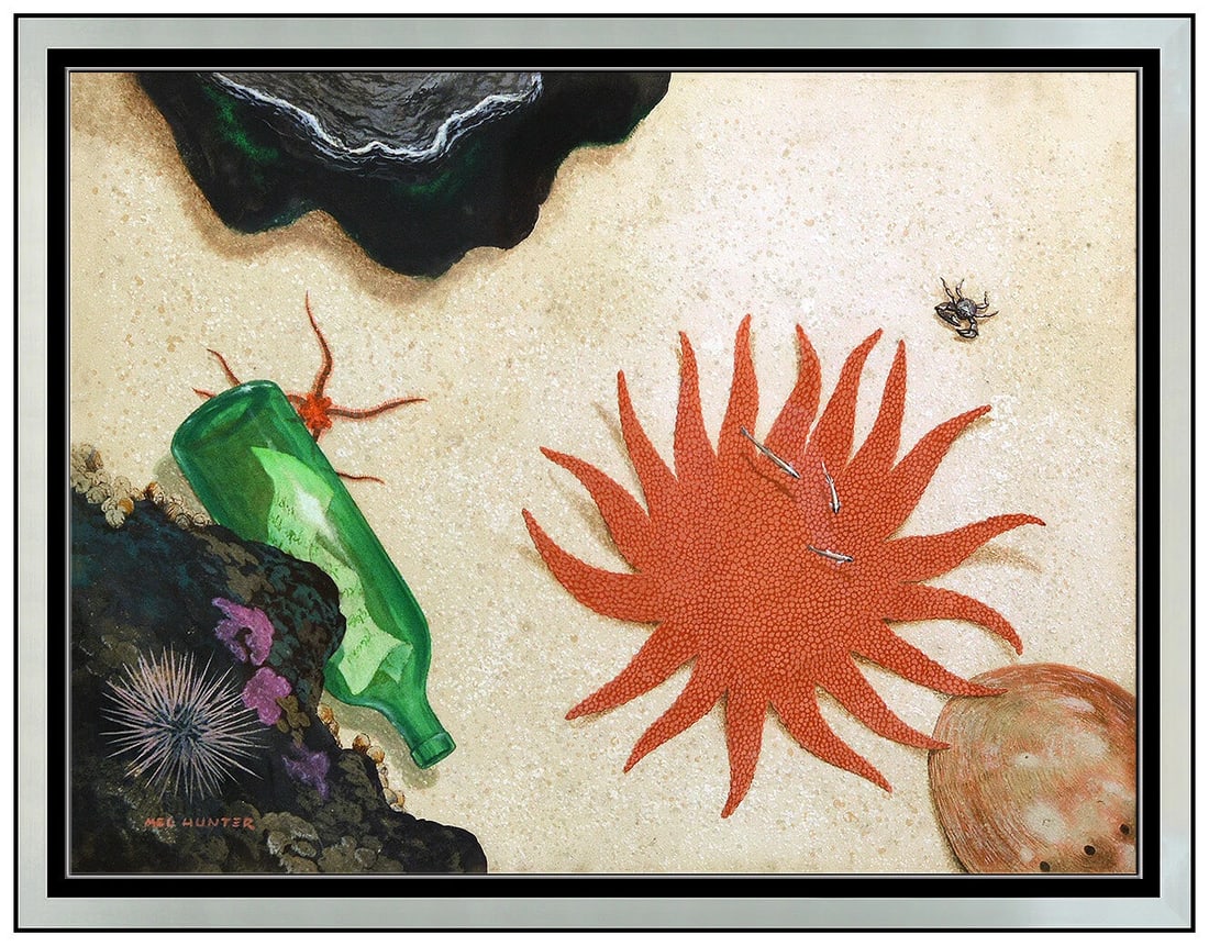 Mel Hunter Rare Original Gouache Painting Seascape Animal Signed Framed Art: This lot includes:Gallery COA. In-house shipping available (insurance and international shipping for an additional charge).Artist: Mel HunterTitle: Ocean FloorMedium: Original Gouache paintingSize: 13