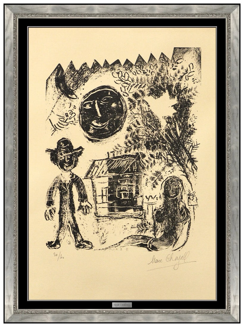 Marc Chagall Original Hand Signed Lithograph La Lune Noir Framed Artwork (1 of 4)