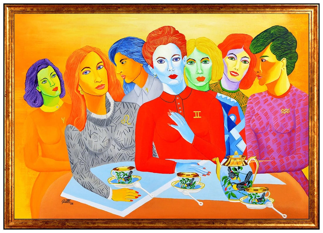 Sergio Raffe Large Original Acrylic Painting On Canvas Female Portrait Signed Art: This lot includes:Gallery COA. In-house shipping available (insurance and international shipping for an additional charge).Artist: Sergio RaffeTitle: Afternoon TeaMedium: Acrylic On CanvasSize: 27" x