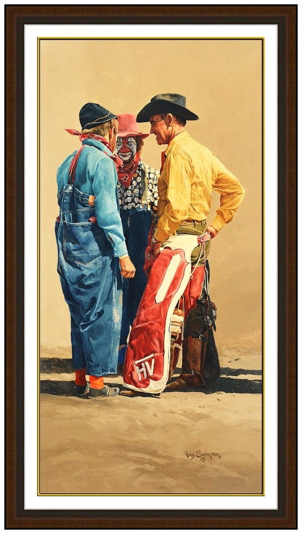 Ray Swanson Original Oil Painting On Canvas Cowboy Western Signed Framed Art: This lot includes:Gallery COA. In-house shipping available (insurance and international shipping for an additional charge).Artist: Ray Swanson Title: Before The Bull Ride Medium: Oil Painting On Canva
