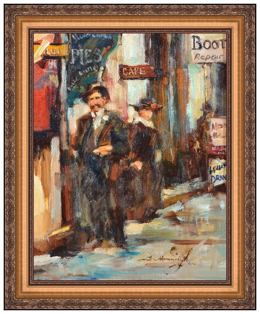 Terry Mimnaugh Original Oil Painting On Board City Figures Signed Framed Artwork: This lot includes:Gallery COA. In-house shipping available (insurance and international shipping for an additional charge).Artist: Terry MimnaughTitle: A Stroll Through TimeMedium: Oil Painting On Boa
