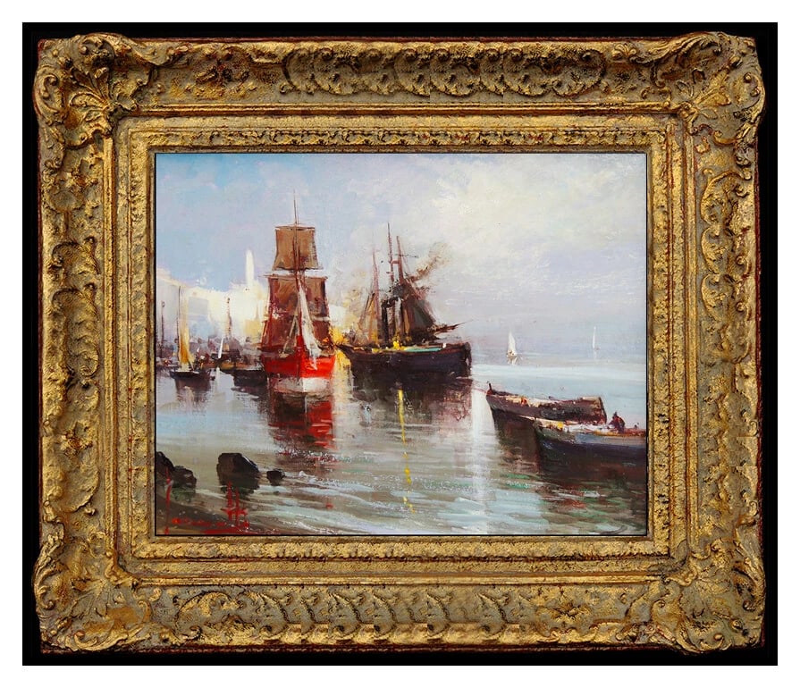 Claudio Simonetti Original Oil Painting On Board Italian Harbor Signed Art: This lot includes:Gallery COA. In-house shipping available (insurance and international shipping for an additional charge).Artist: Claudio Simonetti Title: Quiet HarborMedium: Oil Painting On BoardSiz