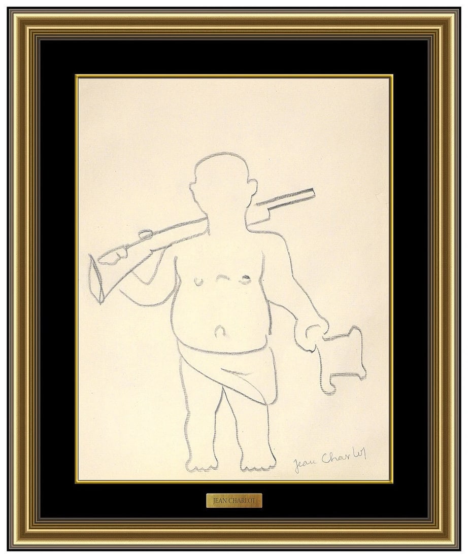 Jean Charlot Original Graphite Drawing Male Portrait Signed Framed Art: This lot includes:Gallery COA. In-house shipping available (insurance and international shipping for an additional charge).Artist: Jean CharlotTitle: The Hunter Medium: Graphite DrawingSize: 11”