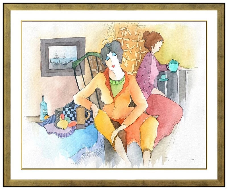 Itzchak Tarkay Original Watercolor Painting Ladies Cafe Signed Framed Artwork (1 of 4)