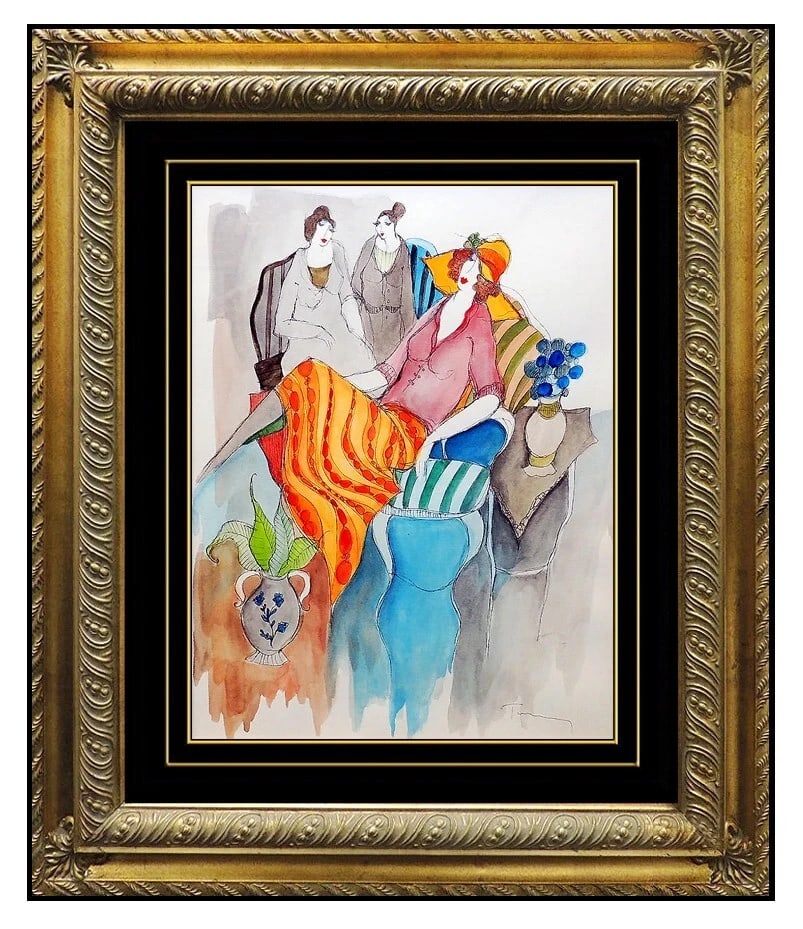 Itzchak Tarkay Original Watercolor Painting Ladies Cafe Signed Framed Artwork (1 of 4)