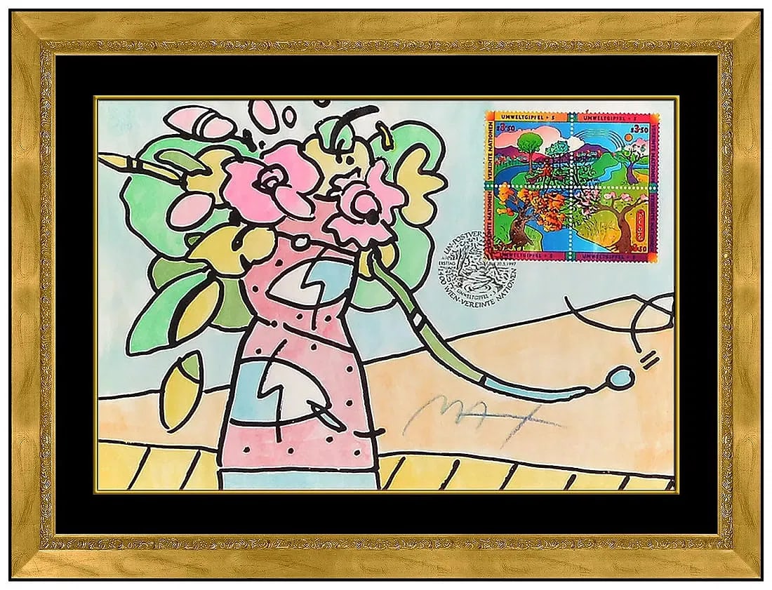 Peter Max Original Watercolor Painting Flowers Stamp Signed Framed Pop Art (1 of 5)