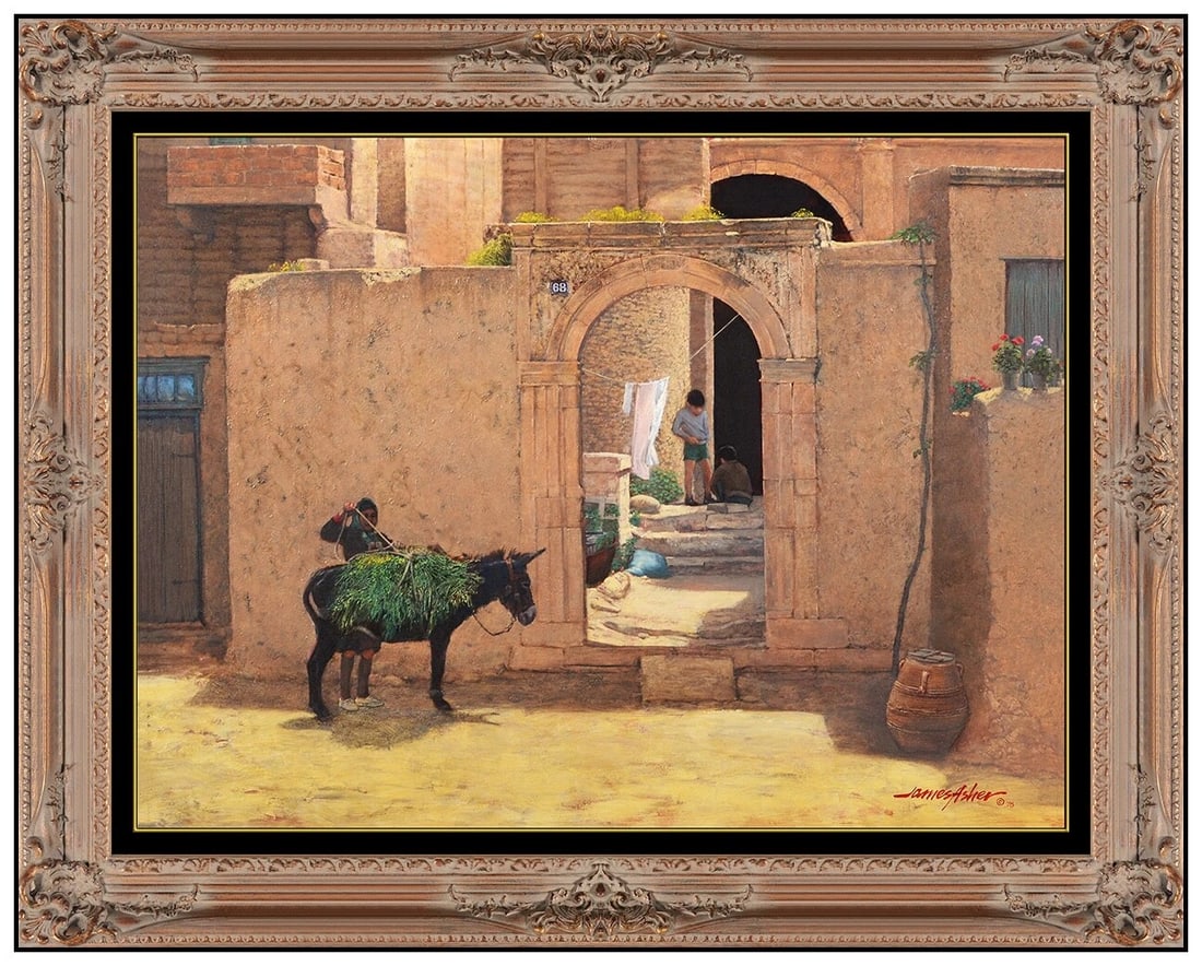 James Asher Original Oil Painting On Board Figure Donkey Signed Framed Art: This lot includes:Gallery COA. In-house shipping available (insurance and international shipping for an additional charge).Artist: James AsherTitle: The Mules BondMedium: Oil Painting On BoardSize: 18