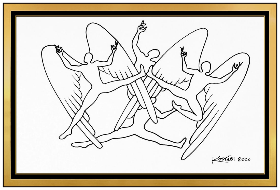 Mark Kostabi Original Faceless Figures Ink Drawing Signed Modern Framed Art: This lot includes:Gallery COA. In-house shipping available (insurance and international shipping for an additional charge).Artist: Mark KostabiTitle: Kostabi AngelsMedium: Ink DrawingSize: 12" x 18"Fr
