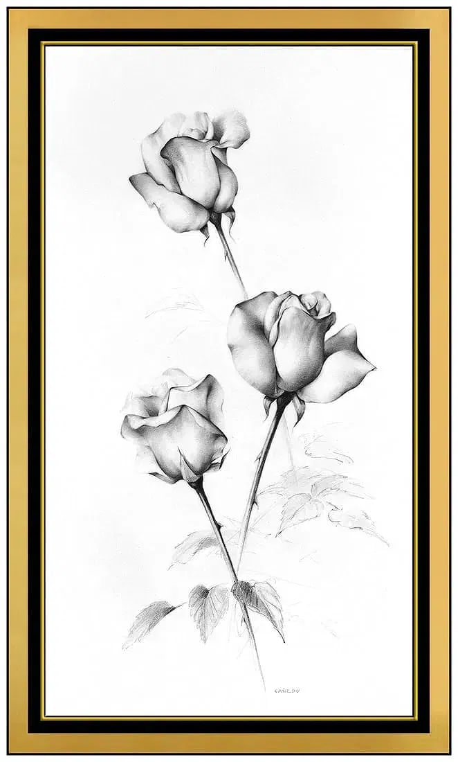 Alexander Canedo Original Charcoal Drawing Rose Still Life Signed Framed Art (1 of 4)