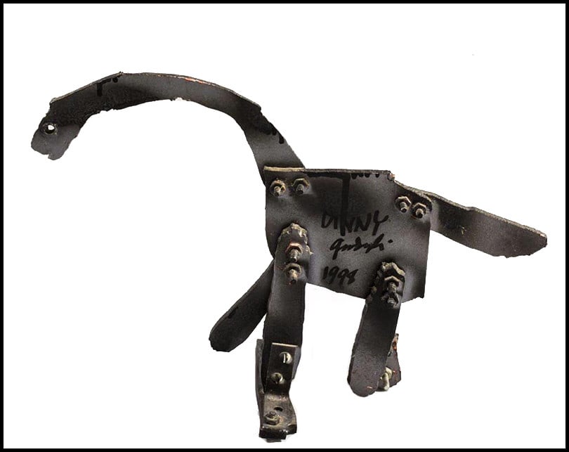 Robert Arthur Goodnough Original Steel Sculpture Dinosaur Signed Bronze Art: This lot includes:Gallery COA. In-house shipping available (insurance and international shipping for an additional charge).Artist: Robert Arthur GoodnoughTitle: DinnyMedium: Steel Sculpture Size: 9"h