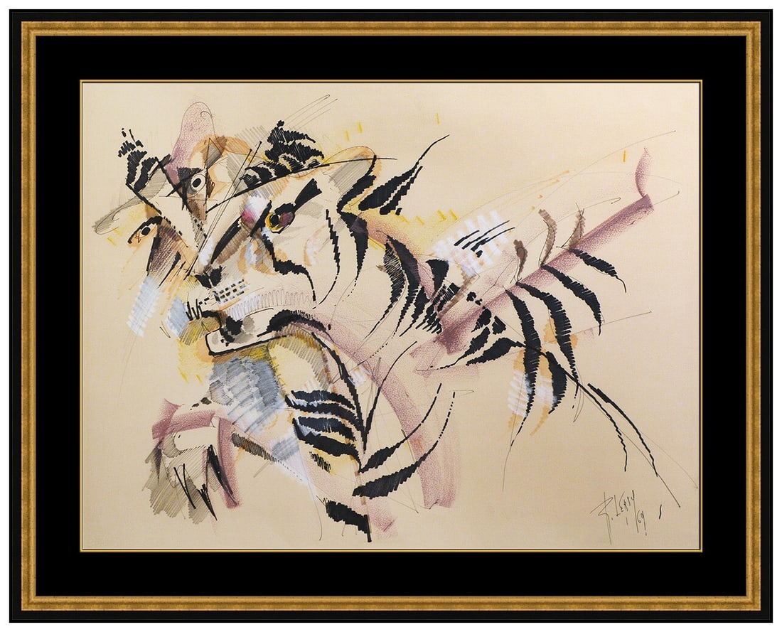 Roger Lersy Original Ink Pastel Painting Signed Abstract Tiger Animal Art: This lot includes:Gallery COA. In-house shipping available (insurance and international shipping for an additional charge).Artist: Roger LersyTitle: Prowling TigerMedium: Ink Pastel PaintingSize: 22&r
