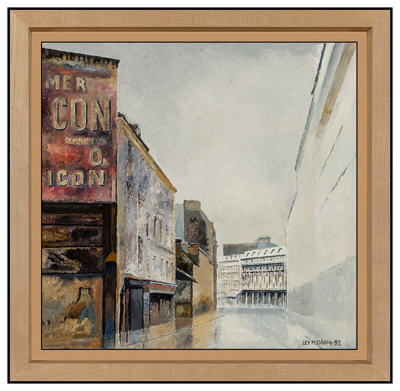 Lev Meshberg Original Oil Painting On Canvas Signed Paris Cityscape French Art: This lot includes:Gallery COA. In-house shipping available (insurance and international shipping for an additional charge).Artist: Lev MeshbergTitle: Raining LoveMedium: Oil Painting on BoardSize: 16"