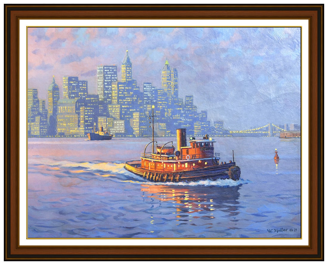 William G Muller Original Oil Painting On Board Signed Cityscape Water Framed Art: This lot includes:Gallery COA. In-house shipping available (insurance and international shipping for an additional charge).Artist: William G MullerTitle: Boats in New York Harbor Medium: Oil Painting
