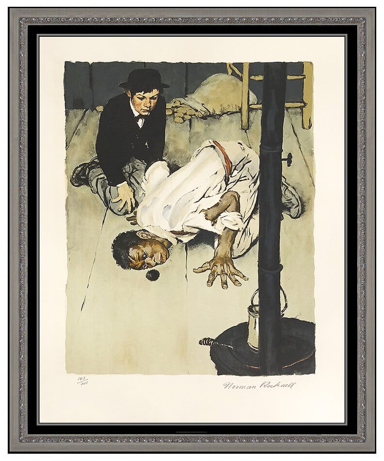 Norman Rockwell Huck Finn Color Lithograph Hand Signed Framed Artwork: This lot includes:Gallery COA. In-house shipping available (insurance and international shipping for an additional charge).Artist: Norman RockwellTitle: Huck Finn Medium: LithographSize: 26" x 19.5"Fr