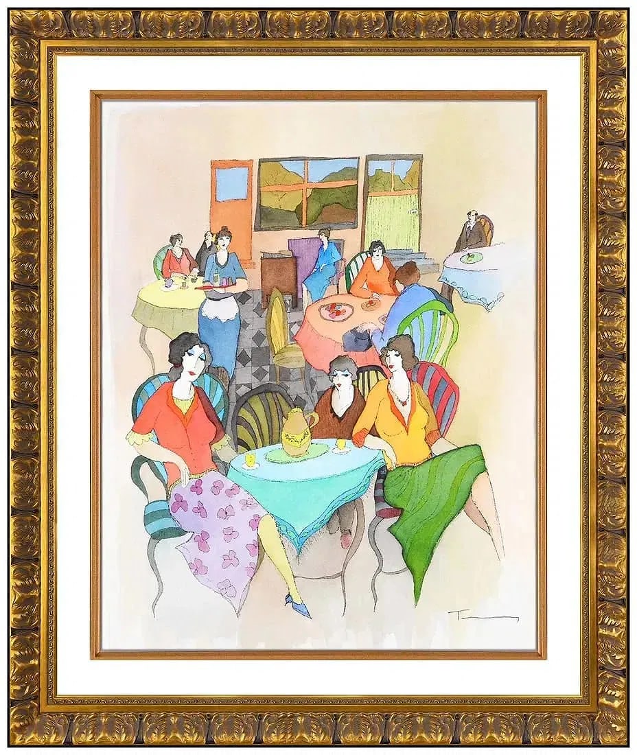 Itzchak Tarkay Original Watercolor Painting On Art Paper Signed Framed Artwork: This lot includes:Gallery COA. In-house shipping available (insurance and international shipping for an additional charge).Artist: Itzchak TarkayTitle: Cafe AmbianceMedium: Watercolor PaintingSize: 20