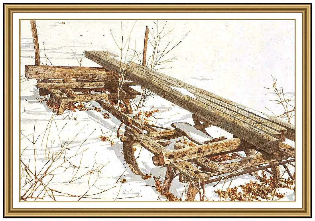 Robert Sarsony Large Original Painting On Board Signed Winter Landscape Framed Art: This lot includes:Gallery COA. In-house shipping available (insurance and international shipping for an additional charge).Artist: Robert SarsonyTitle: The SledMedium: Oil painting on boardSize: 24&rd