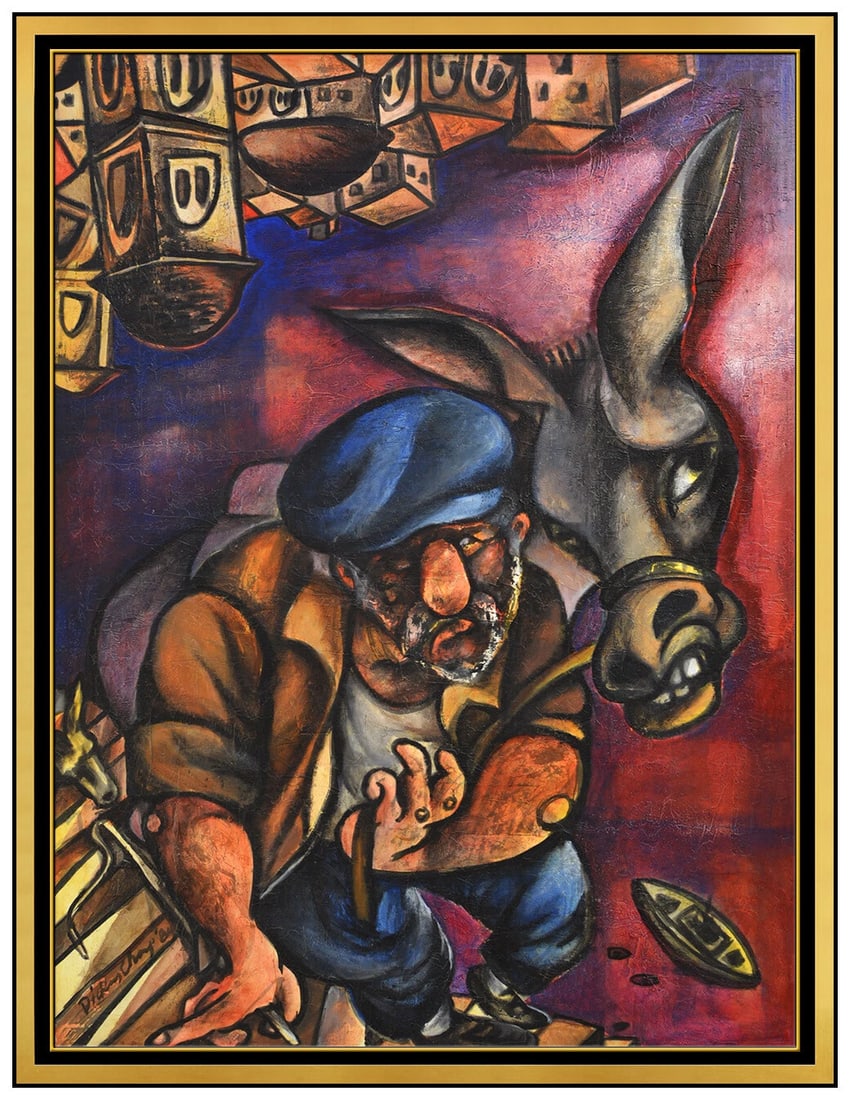 Dickens Chang Large Original Painting On Canvas Signed Figure Animal Framed Art: This lot includes:Gallery COA. In-house shipping available (insurance and international shipping for an additional charge).Artist: Dickens ChangTitle: Greek in the StreetMedium: oil painting on canvas