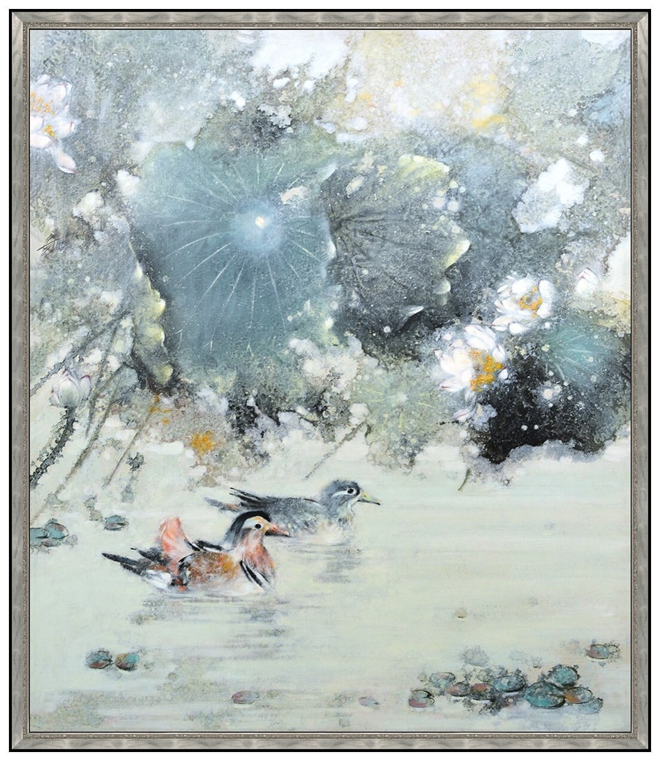 Hu Chi Chung Large Original Oil Painting On Canvas Signed Landscape Framed Art: This lot includes:Gallery COA. In-house shipping available (insurance and international shipping for an additional charge).Artist: Hu Chi ChungTitle: Floating With LiliesMedium: Oil Painting On Canvas