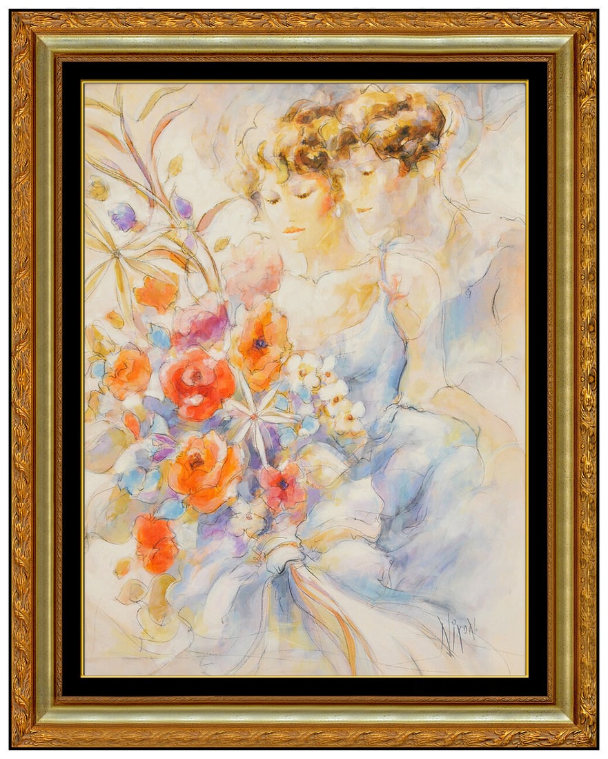 Peter Nixon Original Acrylic Painting On Canvas Signed Female Floral Portrait Art: This lot includes:Gallery COA. In-house shipping available (insurance and international shipping for an additional charge).Artist: Peter NixonTitle: Bouquet Medium: Acrylic On CanvasSize: 24" x 18" Fr