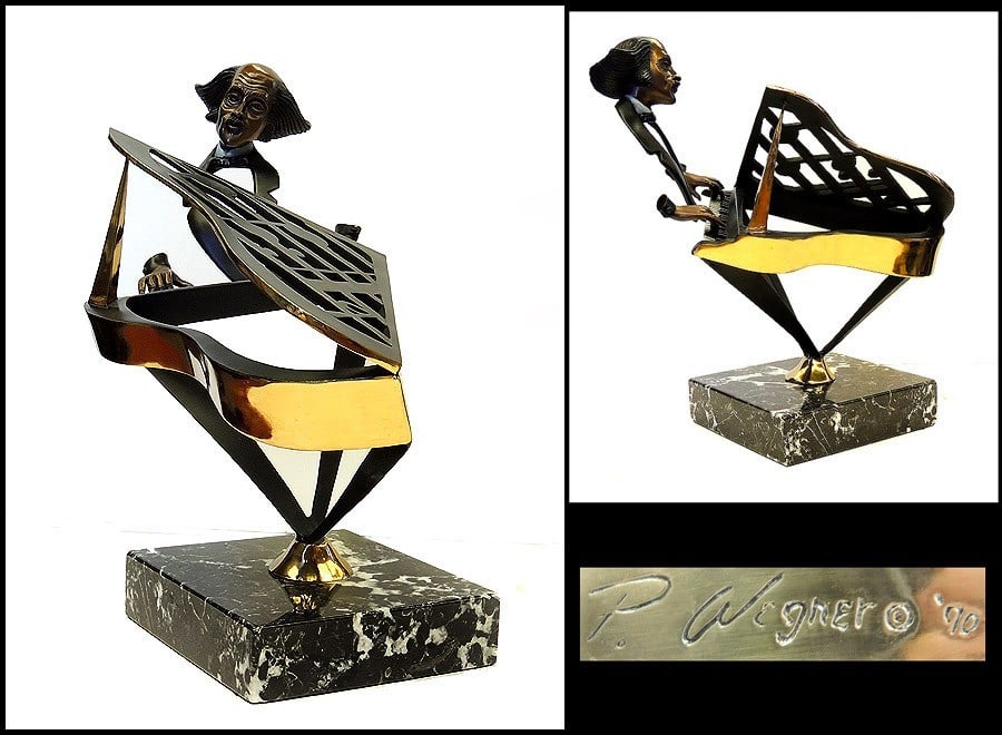Paul Wegner Original Signed Bronze Music Sculpture Piano Jazz Artwork: This lot includes:Gallery COA. In-house shipping available (insurance and international shipping for an additional charge).Artist: Paul Wegner Title: The Grand PianistMedium: BronzeSize: 16" x 17" x 1