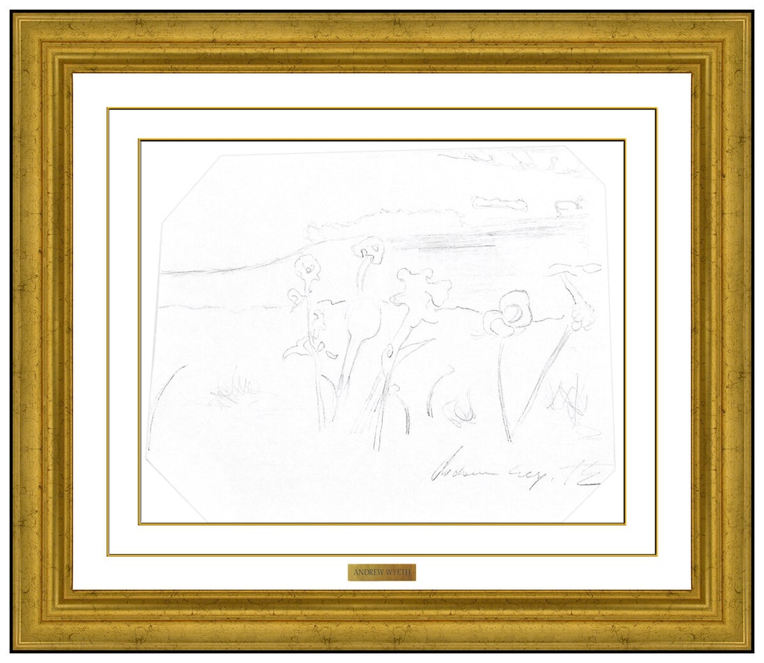 Andrew Wyeth Authentic Original Landscape Flower Drawing Signed Framed Artwork: This lot includes:Gallery COA. In-house shipping available (insurance and international shipping for an additional charge).Artist: Andrew Wyeth Title: Flowers by the Sea Medium: pencil drawing on pape