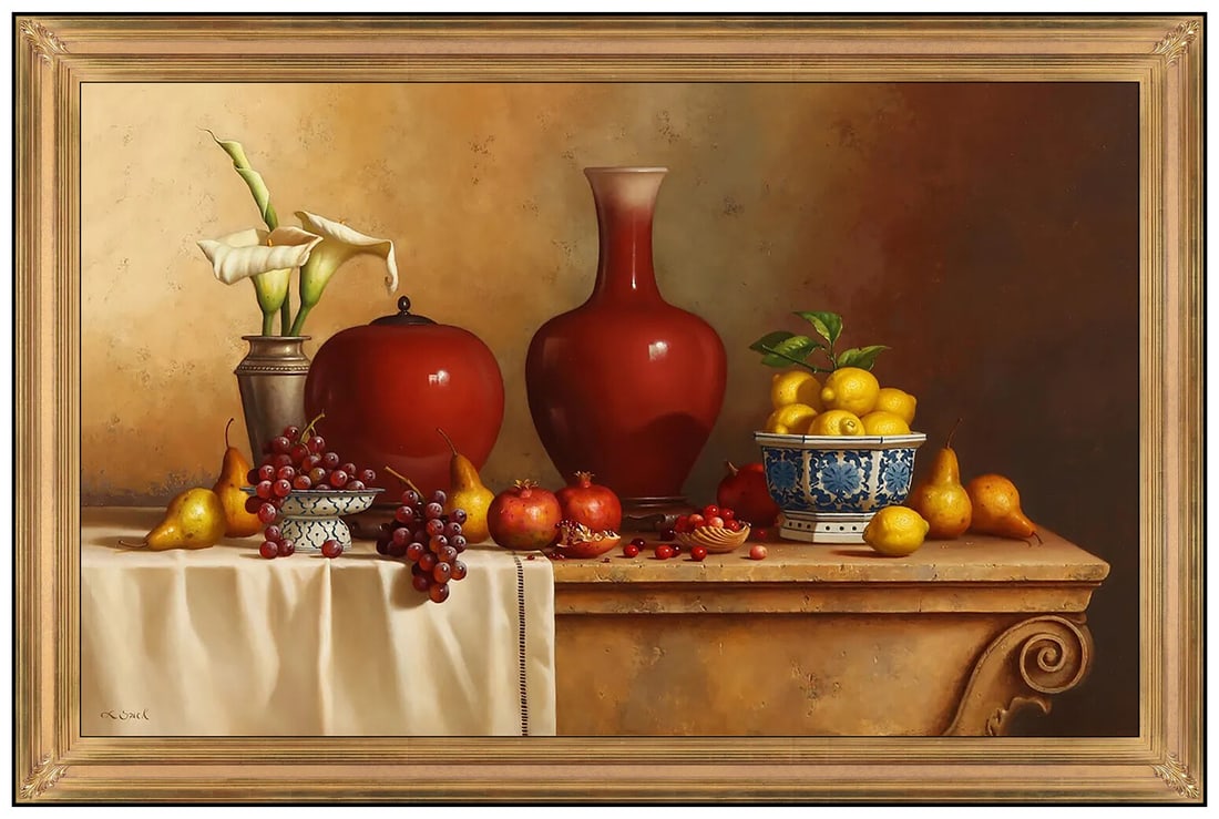 Loran Speck Large Original Still Life Oil Painting On Board Signed Framed Art: This lot includes:Gallery COA. In-house shipping available (insurance and international shipping for an additional charge).Artist: Loran SpeckTitle: Still Life with Fruit and PorcelainsMedium: Oil Pai