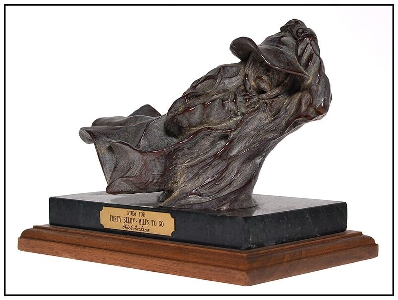 Rick Jackson Original Bronze Sculpture Forty Below Miles To Go Signed Cowboy Art: This lot includes:Gallery COA. In-house shipping available (insurance and international shipping for an additional charge).Artist: Rick JacksonTitle: Forty Below Miles To GoMedium: BronzeSize: 6 &frac