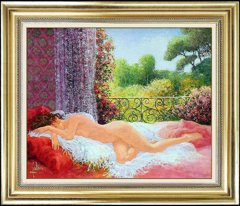 Louis Fabien Original Oil Painting On Canvas Nude Female Signed Artwork: This lot includes:Gallery COA. In-house shipping available (insurance and international shipping for an additional charge).Artist: Louis FabienTitle: Dormeuse et JardinMedium: Oil Painting on Canvas,S