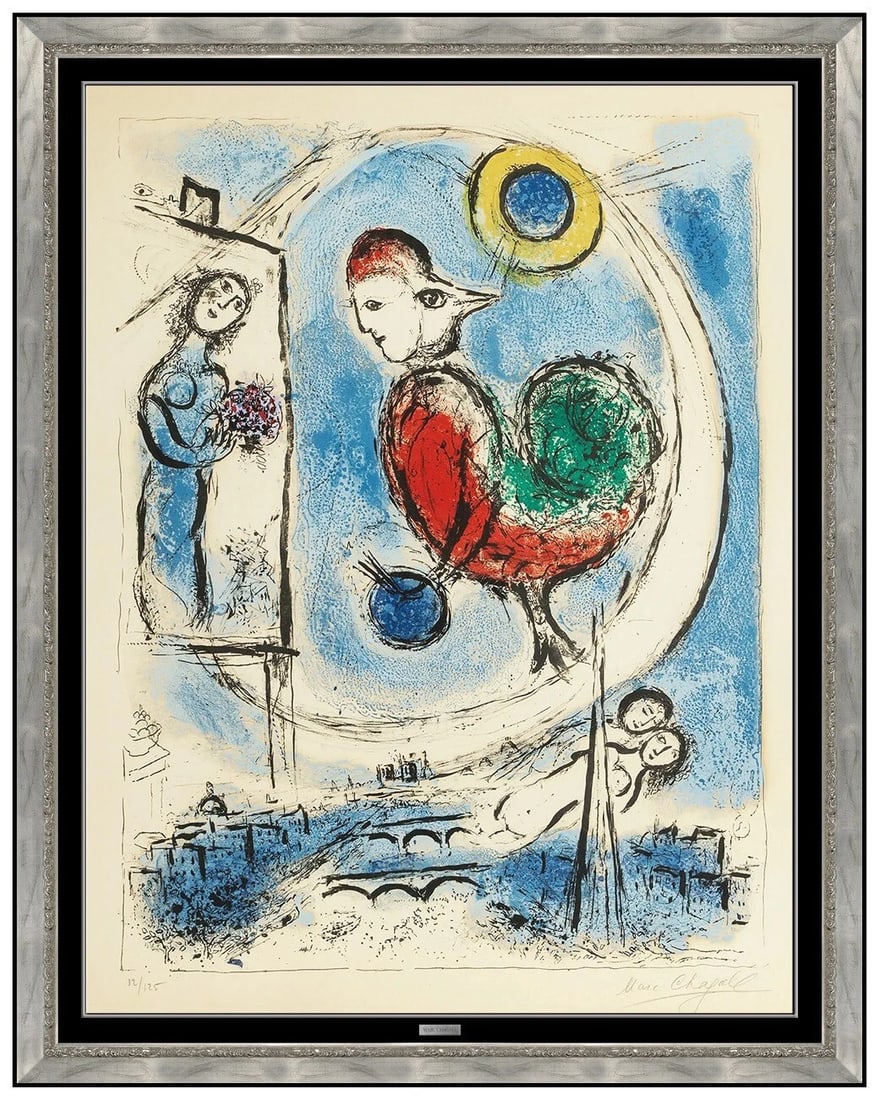 Marc Chagall Large Hand Signed Color Lithograph Le Coq Sur Paris Framed Art (1 of 7)