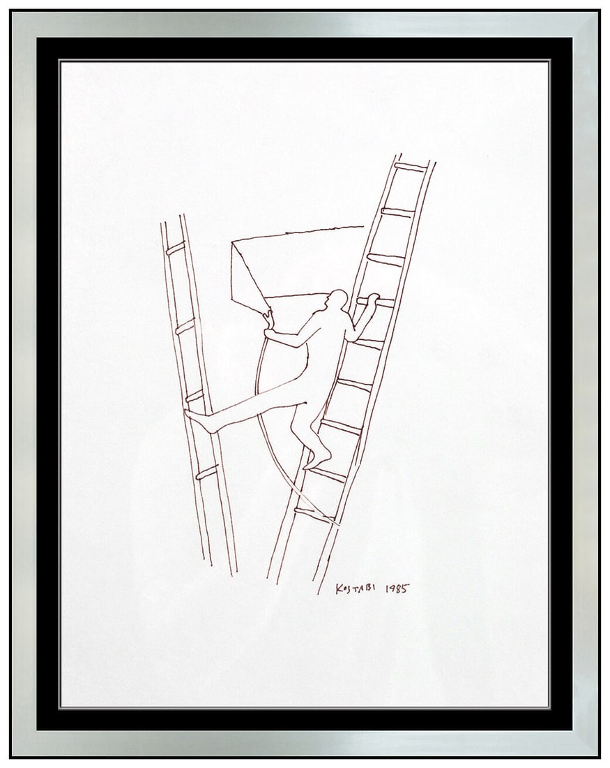 Mark Kostabi Original Ink Drawing Faceless Figurative Signed Modern Artwork: This lot includes:Gallery COA. In-house shipping available (insurance and international shipping for an additional charge).Artist: Mark Kostabi Title: I Climb Therefore I AMMedium: Ink DrawingSize: 12