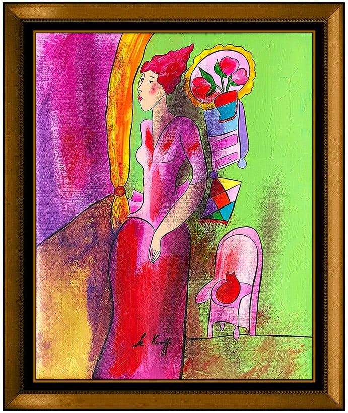 Linda Le Kinff Original Oil Painting On Canvas Female Portrait Cat Signed Art: This lot includes:Gallery COA. In-house shipping available (insurance and international shipping for an additional charge).Artist: Linda Le KinffTitle: Scarlett LadyMedium: Oil On CanvasSize: 20" x 16