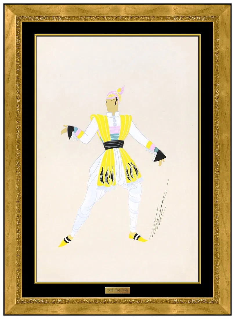 Erte Original Gouache Painting Samurai Costume Fashion Signed Framed Art: This lot includes:Gallery COA. In-house shipping available (insurance and international shipping for an additional charge).Artist: ErteTitle: Samurai Dance Medium: Gouache PaintingSize: 14” x 9