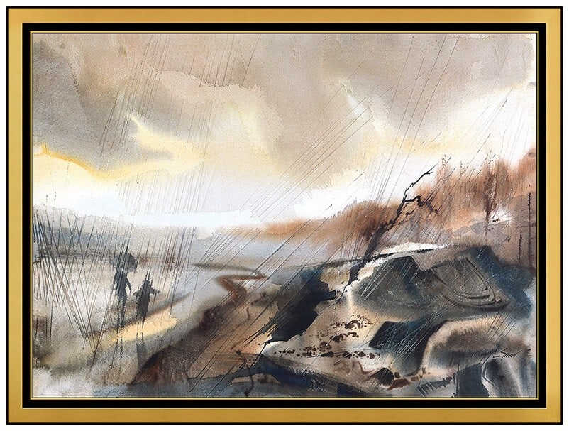 Laurence Philip Sisson Original Gouache Watercolor Landscape Signed Artwork: This lot includes:Gallery COA. In-house shipping available (insurance and international shipping for an additional charge).Artist: Laurence Philip SissonTitle: Walking Through a StormMedium: Watercolo