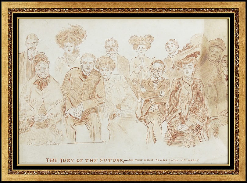 Charles Dana Gibson Original Sanguine Drawing Hand Signed Portrait Artwork: This lot includes:Gallery COA. In-house shipping available (insurance and international shipping for an additional charge).Artist: Charles Dana GibsonTitle: The Jury of the Future, One That Might Temp