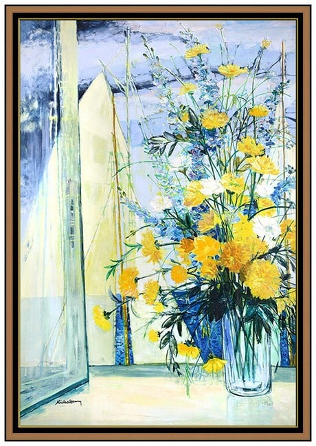 Michel Henry Large Original Oil Painting On Canvas Floral Still Life Signed Art: This lot includes:Gallery COA. In-house shipping available (insurance and international shipping for an additional charge).Artist: Michel HenryTitle: Above The Sea Medium: Oil On Canvas Size: 51 &frac